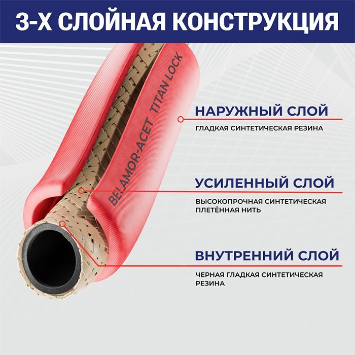 Рукав ацетиленовый «BELOMOR-ACET», красный, вн. диам. 9мм, 20bar, TL009BM-ACL TITAN LOCK