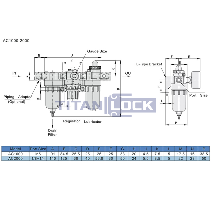 Блок подготовки воздуха AC 2000-02, 1/4" 500 л/мин, TLP-AC2000-02 TITAN LOCK