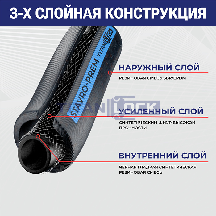 Рукав для воды и воздуха «STAVRO-PREM», вн. диам. 63мм, 25bar, TL063SV-PR TITAN LOCK